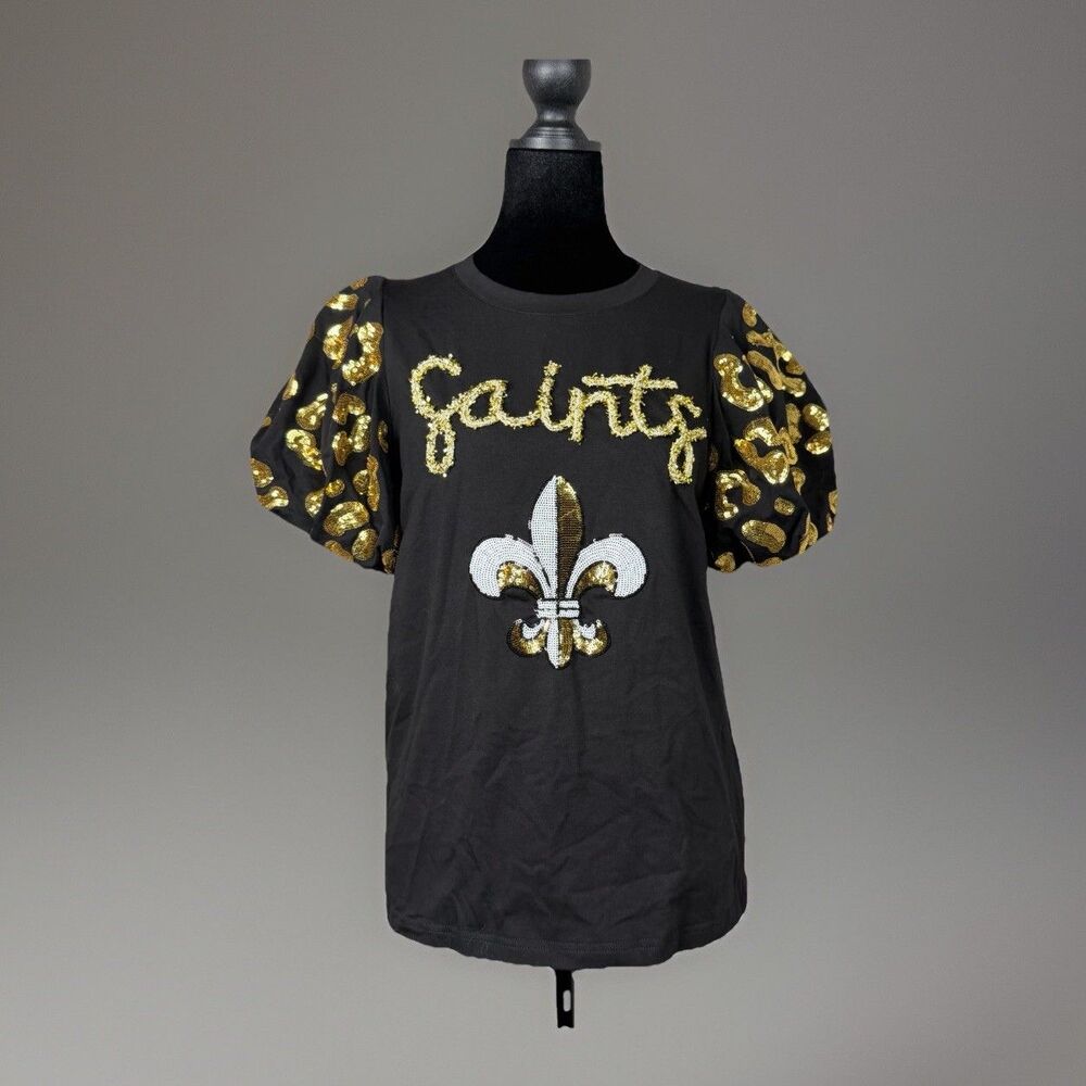 Sash Clothing Bar Saints Sequin Fleur De Lis Top XS Black Gold Puff Sleeve